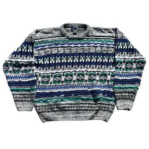 Vintage Etchings “coogi-style” sweater blue green ramie blend retro Cosby biggie